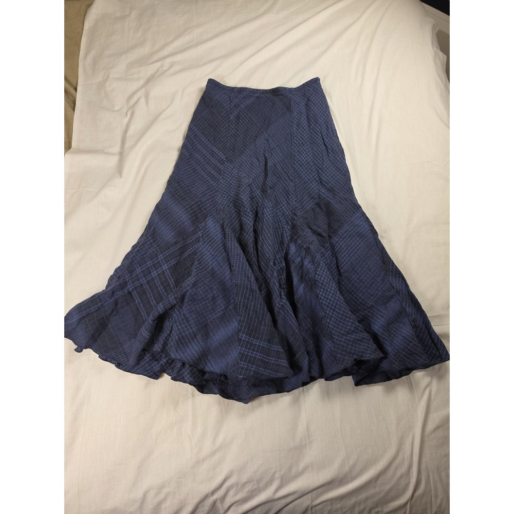 J Jill Skirt Womens 2P Petite Blue Plaid 100% Linen Flare Long Full Lightweight